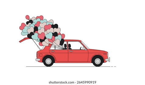 Festive Ride A Red Car Filled with Balloons