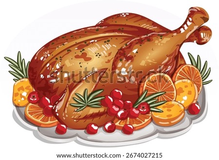 Festive Roasted Turkey with Oranges, Fried Potatoes, Cranberries and Rosemary – Christmas Thanksgiving Holiday Dinner Illustration