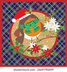 Robin festivo con sombrero de Santa y bufanda en una tarjeta de Navidad