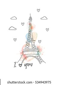 Festive romantic background with Eiffel towerand watercolor hearts. , Valentines day card, vector illustration