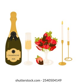 Jantar romântico festivo. Dia dos Namorados. Garrafa vinho espumante, champanhe de vidro, morangos cobertos de chocolate maduro, velas em suporte elegante. Ilustração plana sobre fundo branco.