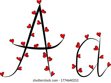 Festive romantic font. Black branches and bright red hearts. Valentine's day. Design of greeting cards and invitations. Latin English letters. Uppercase and lowercase letter A. Concise design