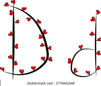 Festive romantic font. Black branches and bright red hearts. Valentine's day. Design of greeting cards and invitations. Latin English letters. Uppercase and lowercase letter D. Concise design