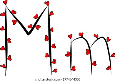 Fuente romántica festiva. Ramas negras y corazones rojos brillantes. Día de San Valentín. Diseño de tarjetas de felicitación e invitaciones. Letras latinas en inglés. Letra mayúscula y minúscula M. Diseño conciso