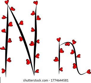 Festive romantic font. Black branches and bright red hearts. Valentine's day. Design of greeting cards and invitations. Latin English letters. Uppercase and lowercase letter N. Concise design
