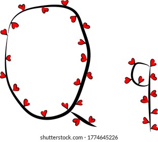 Festive romantic font. Black branches and bright red hearts. Valentine's day. Design of greeting cards and invitations. Latin English letters. Uppercase and lowercase letter Q. Concise design