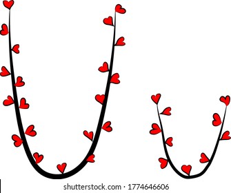 Festive romantic font. Black branches and bright red hearts. Valentine's day. Design of greeting cards and invitations. Latin English letters. Uppercase and lowercase letter U. Concise design