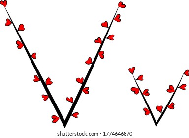 Festive romantic font. Black branches and bright red hearts. Valentine's day. Design of greeting cards and invitations. Latin English letters. Uppercase and lowercase letter V. Concise design