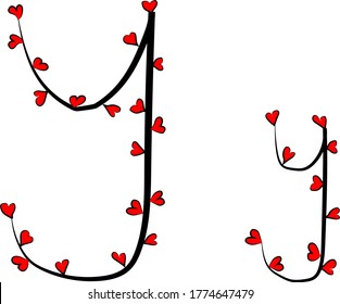 Festive romantic font. Black branches and bright red hearts. Valentine's day. Design of greeting cards and invitations. Latin English letters. Uppercase and lowercase letter Y. Concise design