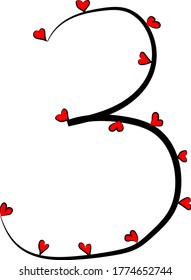 Festive romantic font. Black branches and bright red hearts. Valentine's day. Design of greeting cards and invitations for weddings and anniversaries. Arabic numeral 3. Concise design about love