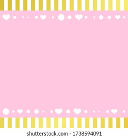 Festive romantic pink background with frame of white hearts and confetti and golden stripes for decoration, poster, banner, design, text, advert, valentine, party, celebration, gift tag, birthday