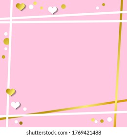 Festive romantic pink background with frame of white hearts and confetti and golden stripes for decoration, poster, banner, design, text, advert, valentine, party, celebration, gift tag, birthday