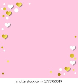 Fondo rosa romántico festivo con marco de corazones blancos y confetti y rayas doradas para la decoración, afiche, pancarta, diseño, texto, anuncio, valentina, fiesta, celebración, etiqueta de regalo, cumpleaños