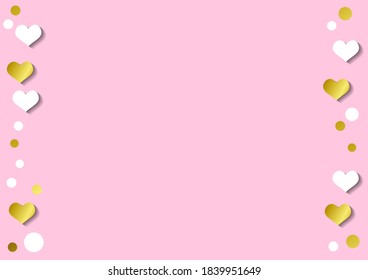 Festive romantic pink background with frame of white hearts and confetti and golden stripes for decoration, poster, banner, design, text, advert, valentine, party, celebration, gift tag, birthday