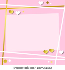 Festive romantic pink background with frame of white hearts and confetti and golden stripes for decoration, poster, banner, design, text, advert, valentine, party, celebration, gift tag, birthday