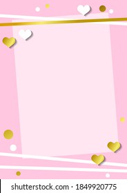 Festive romantic pink background with frame of white hearts and confetti and golden stripes for decoration, poster, banner, design, text, advert, valentine, party, celebration, gift tag, birthday