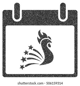 Festive Rooster Calendar Day grainy textured icon for overlay watermark stamps. Flat symbol with unclean texture. Dotted vector gray ink rubber seal stamp with grunge design on a white background.