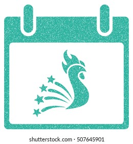 Festive Rooster Calendar Day grainy textured icon for overlay watermark stamps. Flat symbol with dust texture. Dotted vector cyan ink rubber seal stamp with grunge design on a white background.