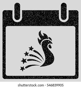 Festive Rooster Calendar Day grainy textured icon for overlay watermark stamps. Flat symbol with dust texture. Dotted vector black ink rubber seal stamp with grunge design on a light gray background.