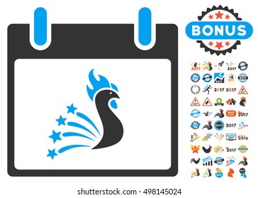 Festive Rooster Calendar Day icon with bonus calendar and time management icon set. Vector illustration style is flat iconic symbols, blue and gray colors, white background.