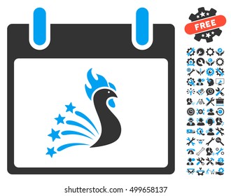 Festive Rooster Calendar Day icon with bonus service clip art. Vector illustration style is flat iconic symbols, blue and gray, white background.