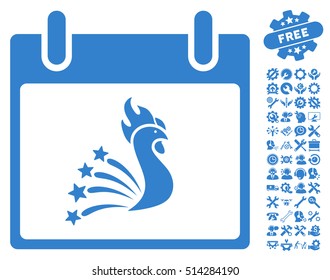 Festive Rooster Calendar Day pictograph with bonus tools icon set. Vector illustration style is flat iconic symbols, cobalt, white background.