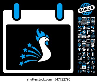Festive Rooster Calendar Day pictograph with bonus calendar and time management design elements. Vector illustration style is flat iconic symbols, blue and white, black background.