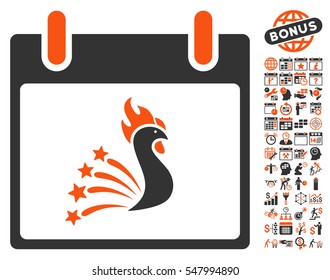 Festive Rooster Calendar Day pictograph with bonus calendar and time management clip art. Vector illustration style is flat iconic symbols, orange and gray, white background.