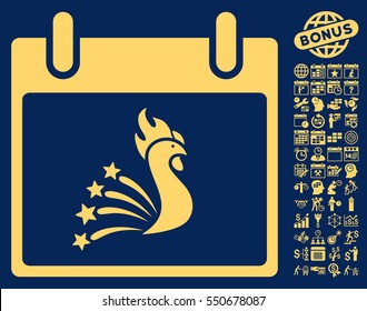 Festive Rooster Calendar Day pictograph with bonus calendar and time management pictograms. Vector illustration style is flat iconic symbols, yellow, blue background.