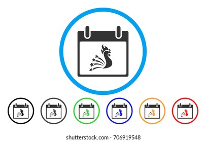 Festive Rooster Calendar Day vector rounded icon. Image style is a flat gray icon symbol inside a blue circle. Additional color versions are gray, black, blue, green, red, orange.