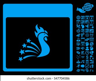 Festive Rooster Calendar Page icon with bonus calendar and time management symbols. Vector illustration style is flat iconic symbols, blue, black background.