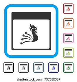 Festive Rooster Calendar Page icon. Flat gray iconic symbol in a light blue rounded rectangular frame. Black, gray, green, blue, red, orange color versions of Festive Rooster Calendar Page vector.