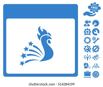 Festive Rooster Calendar Page pictograph with bonus tools graphic icons. Vector illustration style is flat iconic symbols, cobalt, white background.
