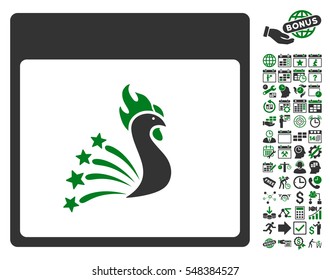 Festive Rooster Calendar Page pictograph with bonus calendar and time management pictures. Vector illustration style is flat iconic symbols, green and gray, white background.