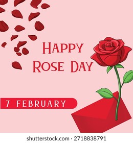 Un diseño festivo del Día de la Rosa con una rosa roja que emerge de una caja roja estilo regalo, rodeada de pétalos de rosa que caen. Con un fondo rosa suave, el audaz texto “Feliz día de las rosas – 7 de febrero” lo hace perfecto para gráficos promocionales, tarjetas de felicitación, creativos de la semana de San Valentín y publicaciones románticas en las redes sociales.