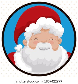 Festive round button, with cute Santa Claus portrait over dotted pattern to celebrate a merry Christmas.