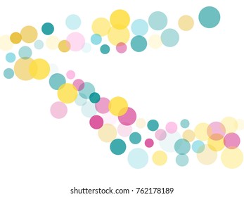 Festive round confetti background in cyan blue, pink and yellow on white. Childish pattern vector, children's party birthday celebration background. Holiday confetti circles in memphis style.