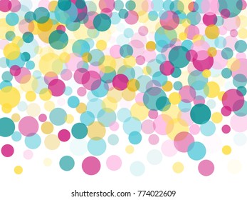 Festive round confetti background in cyan blue, pink and yellow on white. Childish pattern vector, children's party birthday celebration background. Holiday confetti circles in memphis style.