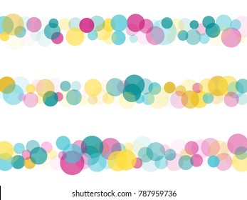 Festive round confetti background in cyan blue, pink and yellow on white. Childish pattern vector, children's party birthday celebration background. Holiday confetti circles in memphis style.