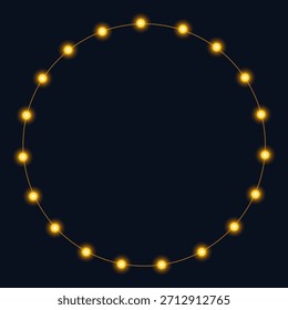 Marco redondo festivo con guirnaldas de luces amarillas brillantes. Copiar espacio. Lugar para el texto. Decoración festiva espumosa. Perfecto para el año Nuevo, Navidades u otros diseños festivos. Ilustración vectorial.