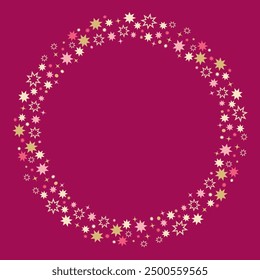 Festive round frame made of gold and pink  stars isolated on magenta background. Decorative element for Christmas and New Year decor. Vector illustration. 