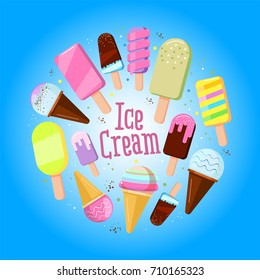 Festive round frame made of ice-creams with sample text. Vector ice cream summer dessert badge round,illustration