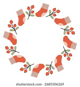 A festive round frame with red berries and red socks. The simple vector design perfect for Christmas and New Year decorations or holiday greetings.