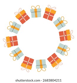 A festive round frame with red blue yellow gifts. The simple vector design perfect for Christmas and New Year decorations or holiday greetings.