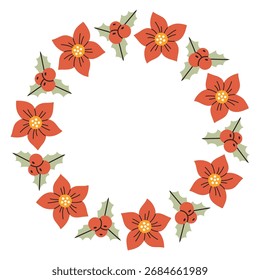 A festive round frame with red pancetta and holly. The simple vector design perfect for Christmas and New Year decorations or holiday greetings.