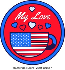 Festive round sticker decal with Coffee Cup in colors of American flag. United States July 4th Independence Day holiday festive inscription badge emblem. Color vector isolated on white background