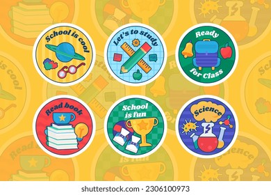 Festive round sticker decal with school subjects. Astronomy, mathematics, physical education, literature and chemistry, September 1 and title inscription. Festive badge emblem. Color vector collection