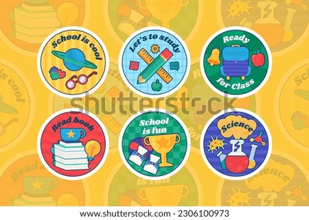 Festive round sticker decal with school subjects. Astronomy, mathematics, physical education, literature and chemistry, September 1 and title inscription. Festive badge emblem. Color vector collection