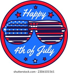 Festive round sticker decal with Striped Glasses in color of American flag. United States July 4th Independence Day holiday festive inscription badge emblem. Color vector isolated on white background