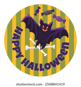 Pegatina redonda festiva con murciélago vampiro volador con huesos cruzados en patas, dulces e inscripción de Feliz Halloween. Emblema de insignia festiva de Festiva. Vector de color aislado sobre fondo blanco